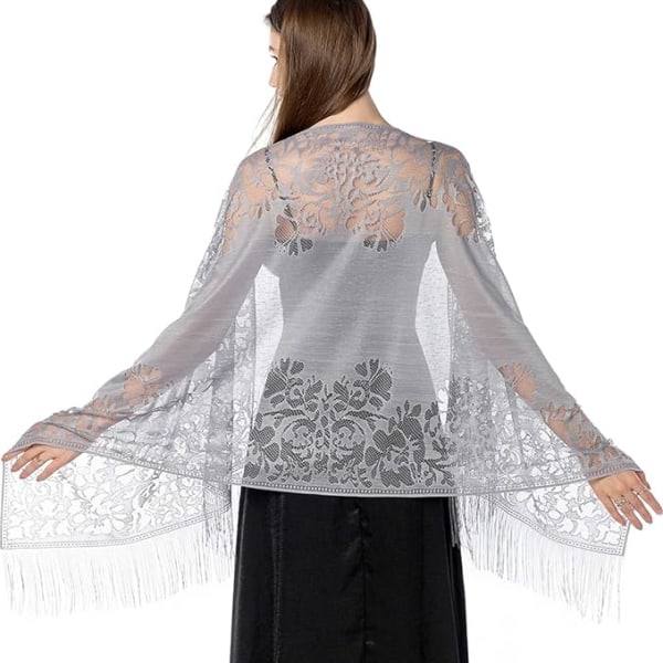 Damkrage Sjal Cape Slöja Spets Sjal Vingar Sjal med fransar Mjukt nät fransar omslag för bröllop fest grey