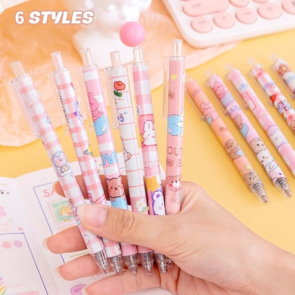 6 Pak Retraktable Gelpenne, Søde Kawaii Kuglepenne 0,5 mm Sort