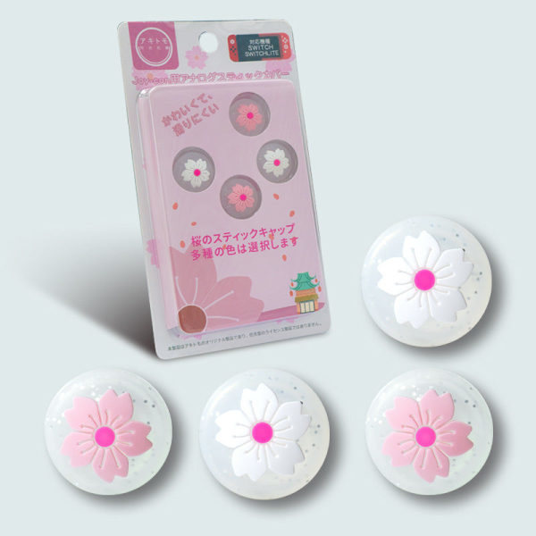 Beskyttende deksel i TPU for Nintendo Switch - Glitrende rosa NS-jente med kirsebærblomster-tema Cherry blossom joystick cap