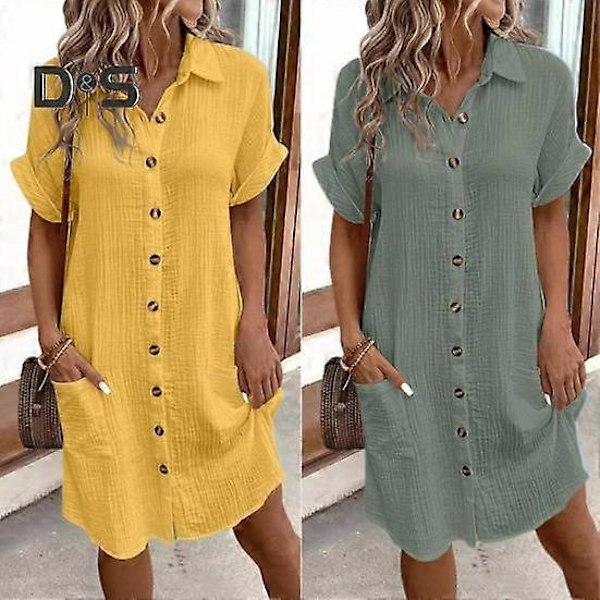 Sommarklänning för Kvinnor Nedvikt Krage Enkelknäppt Lös Kort Ärm Enfärgad Patchficka Knälång Pendling Fritid Midiklänning green 2XL