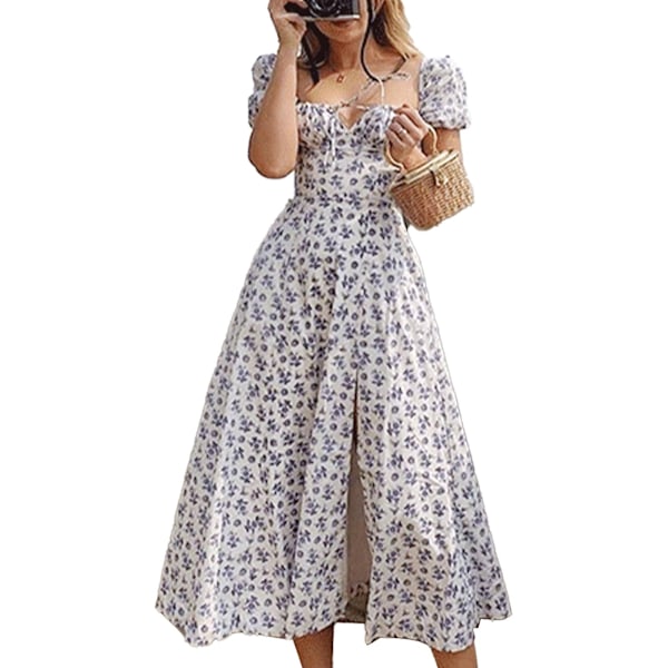 Elegant Blommig Maxiklänning Typ 2 - Bröstband, Puffärmar, Slits, Spridd Krage Sommaroutfit, M