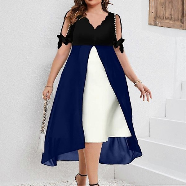 Forår Sommer Plus Size Dametøj Elegant Mode Off Shoulder V-hals Patchwork Chiffon Faux To Delt Uregelmæssig Kjole blue M