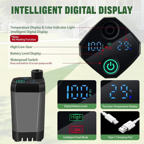 Campingduschkit, 6000mAh uppladdningsbar elektrisk duschpump, bärbar dusch med smart digital display