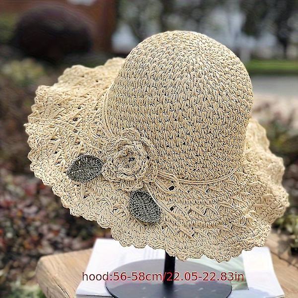 Elegant Krokad Halmhatt med Volangdetalj Dam Sommar Strand Halmhatt Khaki color m