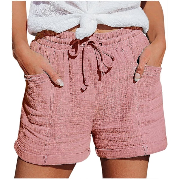Dame Shorts Sommer Mote Casual Muslin Bukser med Høy Midje Rett Ben Sport Casual Løse Shorts med Snøring Kort Pink XL