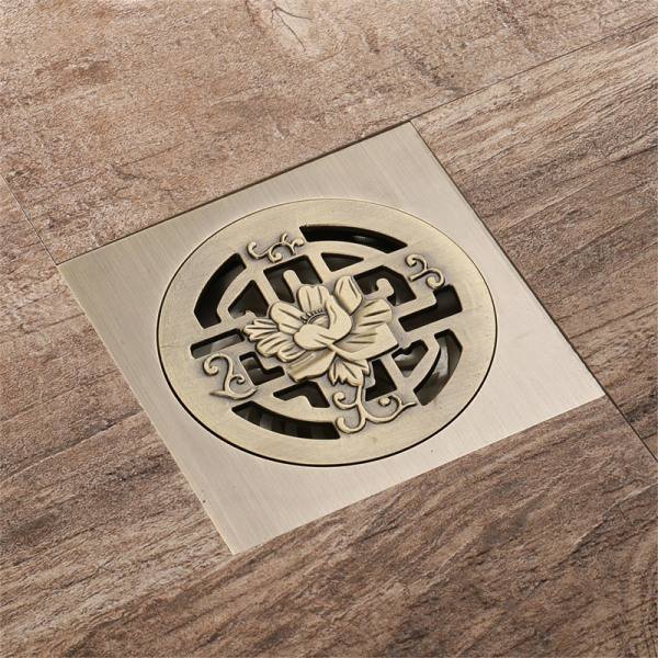 Bronse gulvrist for bad - Unik og antik firkantet dusjgulvrist med graverte blomster - Hagegulvrist 100×100mm