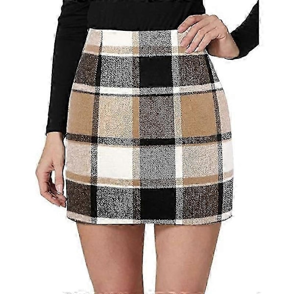 NYTT Dame Høy Midje Rutete Skjørt, Bodycon Blyant Ull Mini Skjørt Khaki 2XL