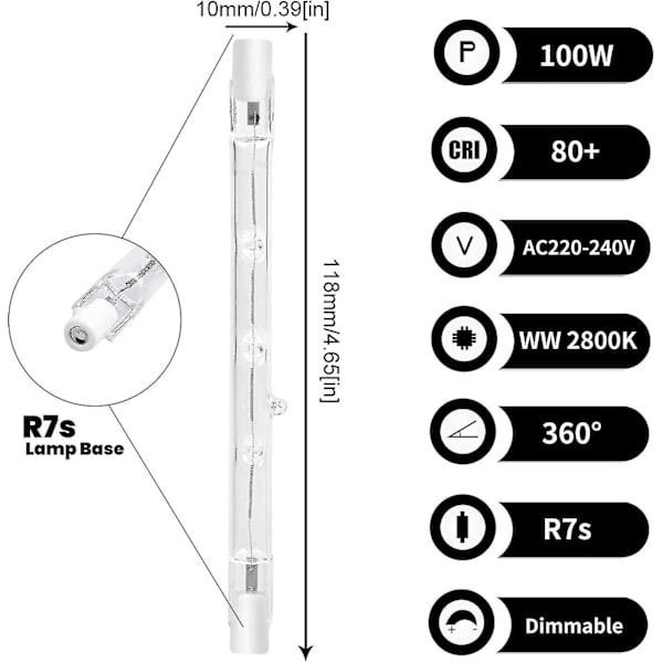 100w 118mm R7s Dimbar Halogen Pære Varmt Hvit 2800k R7s Lineær 1500lm Spotlight Ac220-240v(5stk)
