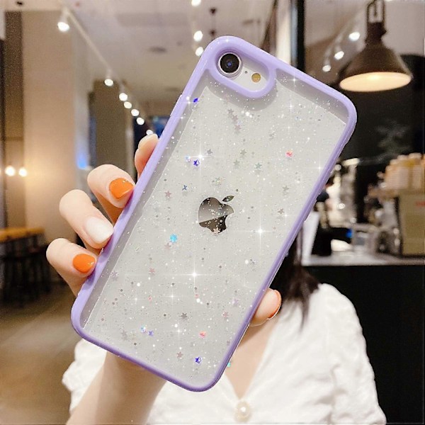 Kompatibel med iPhone 7/8/SE 2020 Deksel for Jenter, Myk Slim Fit Full-Around Beskyttende Søt Klar Glitrende Bling Stjerne - Lilla