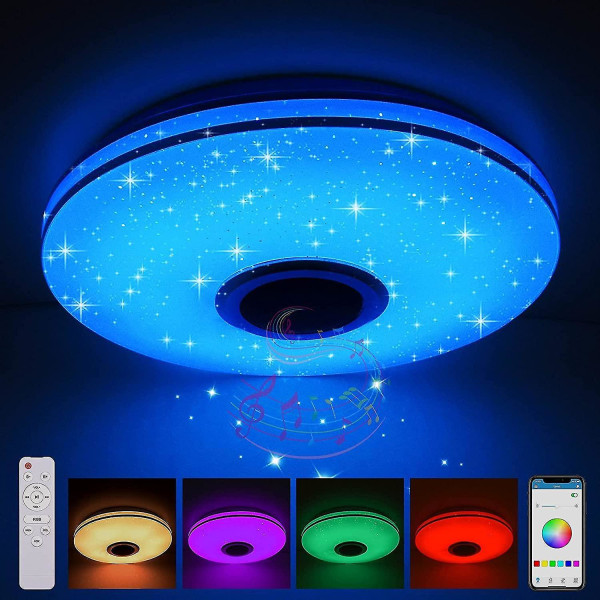 36W LED-taklampa dimbar med Bluetooth-högtalare, LED-taklampa med fjärrkontroll eller appstyrning, RGBW-färgväxling, justerbar för sovrum, kök, barnrum, vardagsrum