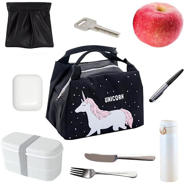 Frokostpose til piger, Mini Isotherm Frokostpose, Køletaske Børn, Picnicpose Sød, Vandtæt Frokostpose, Sammenfoldelig Frokostpose til Arbejde Skole Picnic Black
