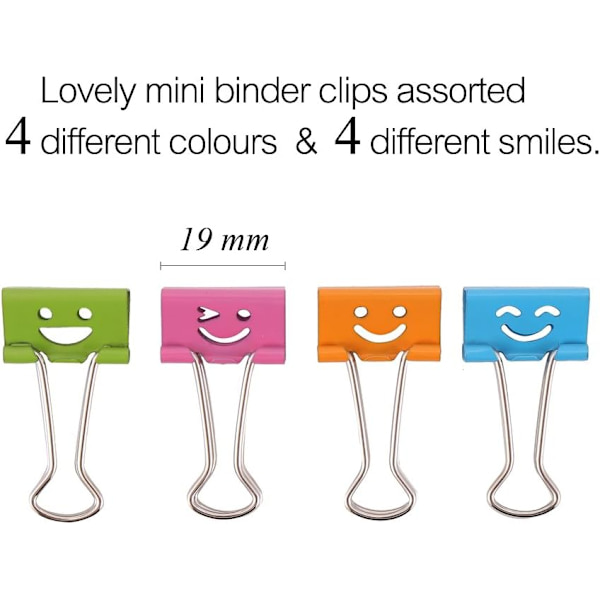 19mm Mini Binder Clips Smiley Papirklips Assorterede Farver, Pakke med 40