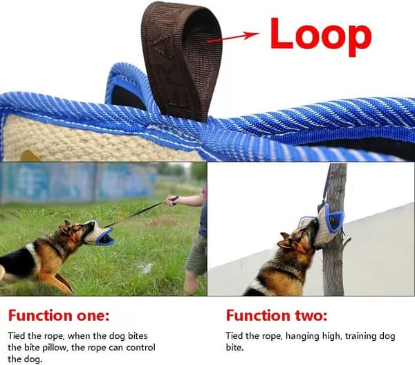 Bitepute i jute/lin, 2 håndtak + 1 ring, 35,5 cm og 20 cm for store hunder (schæfer/bully/pitbull/rottweiler)