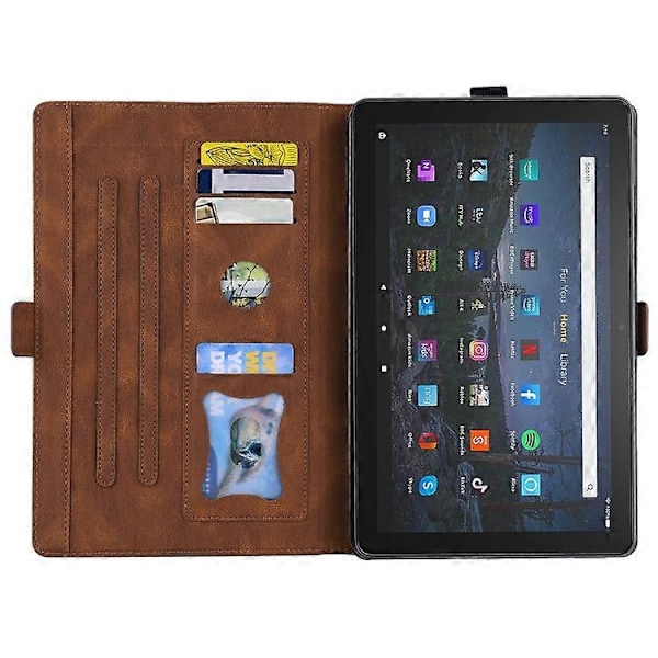 Amazon Fire HD 10 Plus 2021 / HD 10 2021 -laitteelle sopiva vaaka-asennossa avattava nahkainen suojakotelo, jossa on rakkausperhonenkuvio ja teline Brown