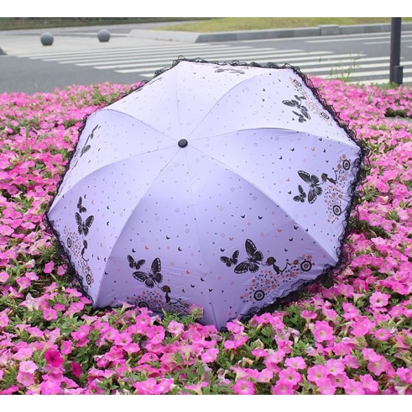 Solparaply UV Parasol Lille Letvægts Butterfly Lace Sammenklappelige Paraplyer 210T Parasol Vandtæt