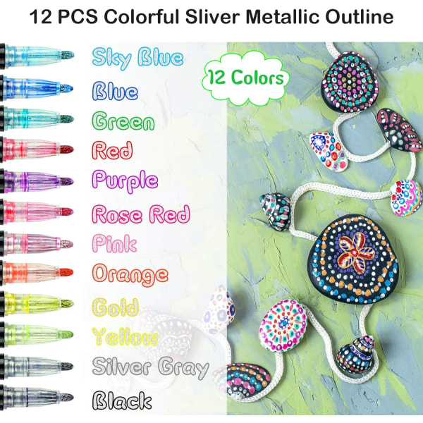 Dobbelt linje konturpenne 12 farver skinnende metalliske markører Glitterpenne til maling DIY kunsthåndværk Skrotbestillingsplakater Doodle Blændende skrivning