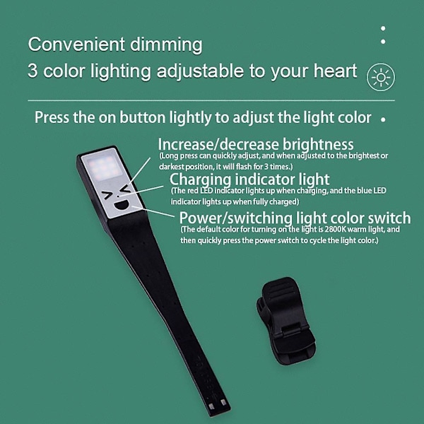 YJD-5335 Clip-On Boklampa Tre Färgtemperaturer Justerbar Läslampa