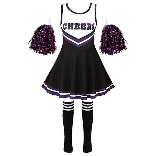 Piger Cheerleading Uniform Dansekostume Børn Cheerleader Outfit Rund Halsudskæring Patchwork Stil Danskjole Blomst og Sokker black 3-4 Years