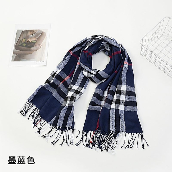 Damscarf 2023 Höst Och Vinter Ny Rutig Scarf Cashmereliknande Varm Tofssjal Ink blue 70*200 cm