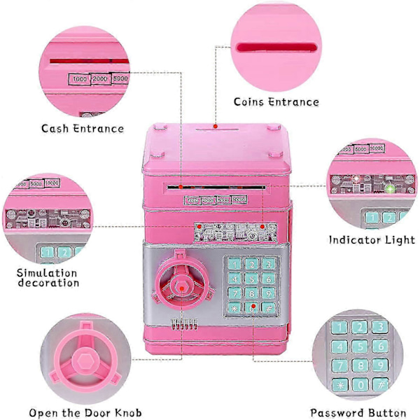 Pengeboks for barn i alderen 3-12 år, elektronisk pengeboks sikkerhetsboks for jenter og gutter, passord pengeboks spareboks for jenter barn -Qin Pink