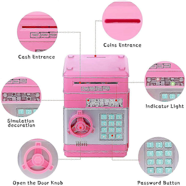 Raha-astia lapsille 3-12 vuotiaille, Elektroninen raha-astia pankki säästöpossu tytöille pojille, Salasanallinen raha-astia säästöpossu tytöille lapsille -Qin Pink