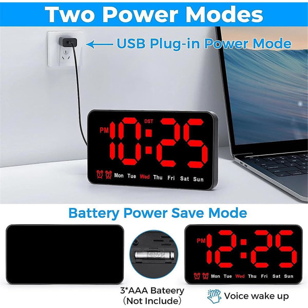Digital vægur, 9 tommer LED digitalur med 12/24h, store tal, lille lydløs vægur sort-røde bogstaver