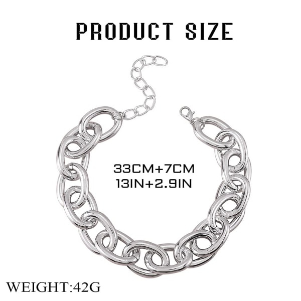 Kraftig choker-kjede i kubansk lenkekjede - tykt kjede - punk-smykke - justerbart for kvinner og jenter Silver