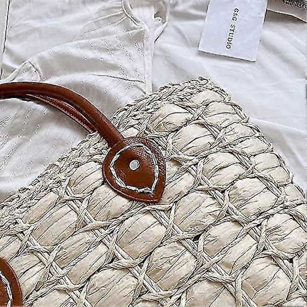 Stråväska Strandväska Flätad Väska Dam Axelväska Sommar Shopper Handväska Crossbody Shoppingväska För Strand Resor Shopping (5-e-0) beige