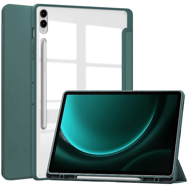 Kirkas suojakotelo Samsung Galaxy Tab S9 FE Plus -tabletille, kynäpaikka, kolmiosainen jalustakotelo Green