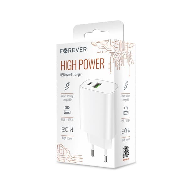 Forever väggladdare 1xUSB QC 3.0 + 1xUSB-C PD 20W LS-04 vit