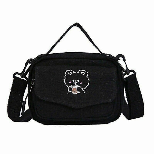 Dame Kawaii Canvas Skuldertasker Mini Tegneserie Print Mode Klud Lille Håndtaske Black