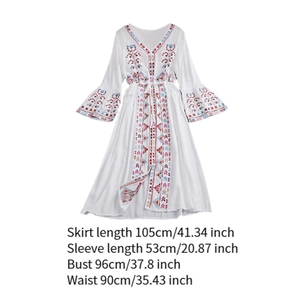 Naisten mekko, brodeerattu kukkakuvio, rento rantamekko katukäyttöön, päivittäiseen käyttöön, festivaaleille, valkoinen White Average Size