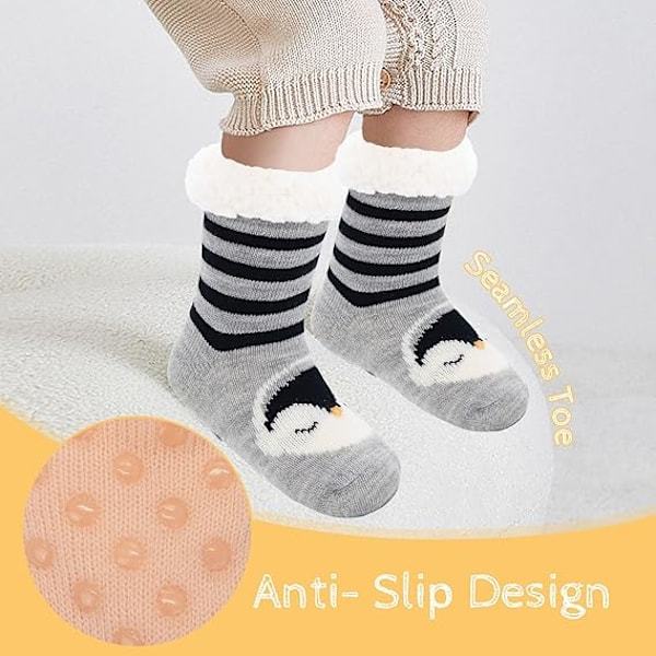 Barnstrumpor för flickor och pojkar, julklapp, varma fleece, fluffiga strumpor med halkfria djurtryck, tjockt grepp, svart pingvin, S