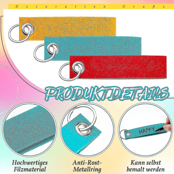 20 stk filt nøkkelringer med rustfritt stålring for DIY dekorasjon håndverk nøkkelkjede, for å lage selv nøkkelringer blanke 13x3 cm-mix farger