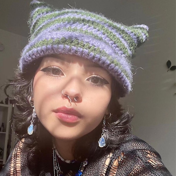 Naisten Beanie-pipo Pieni Paholainen Raidallinen Neulotu Wool Hat Talvi Kissan Korvat Hattu Pink Coffee