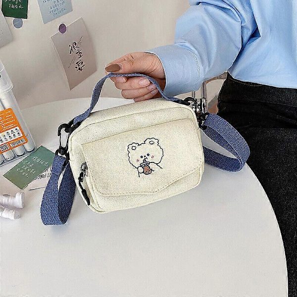 Dame Kawaii Canvas Skuldertasker Mini Tegneserie Print Mode Klud Lille Håndtaske Black
