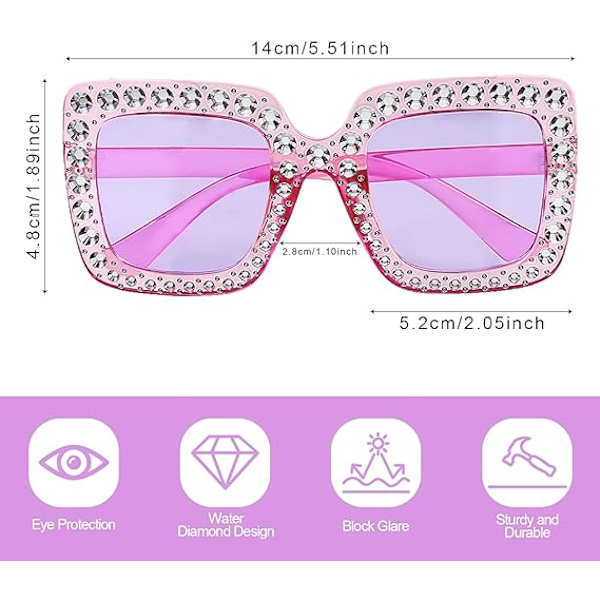 1 stk. solbriller med strass, firkantede unisex diamantbriller