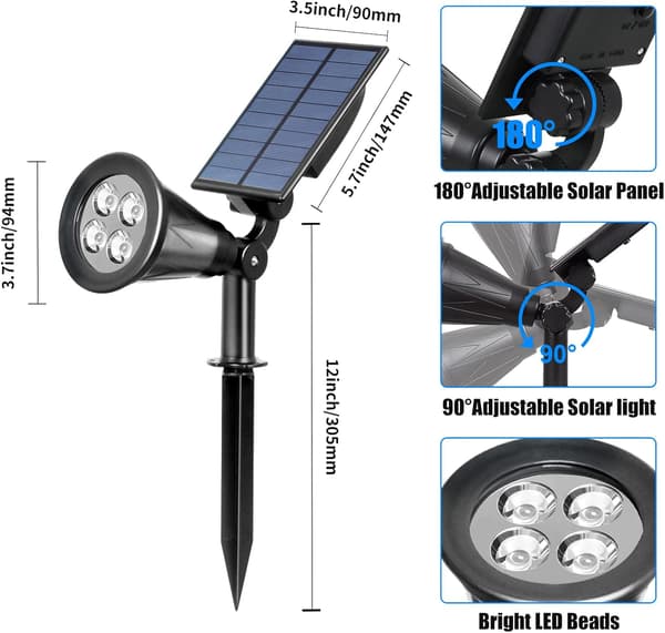 Units Solcelle Spotlight, Vandafvisende Udendørs Solcellelamper, 2 Valgfrie Lystilstande, 180° Justerbar Vinkel, Havelys til Indkørsel