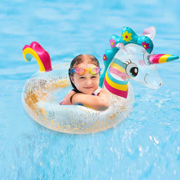 Enhörning Flytande Uppblåsbar Poolring med Glitter Simring Båt Simbassäng Uppblåsbara Leksaker Pool Party Sommarleksaker