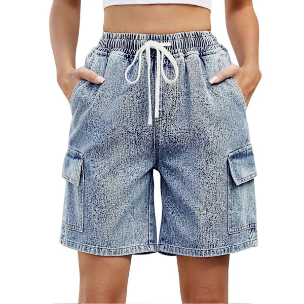 Elastiska shorts med dragsko i midjan för dam, flera fickor, lediga sommarshorts för daglig användning, blå L