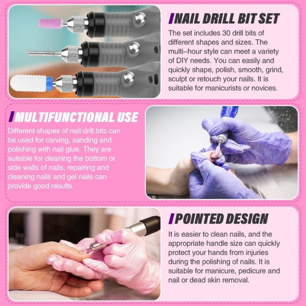 30-delad nagelborrset med låda, 3/32'' keramisk nagelborrset, diamantkarbid nagelborr för akrylgelnaglar