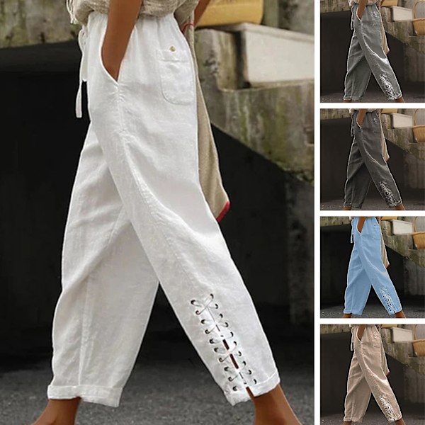 Afslappede bukser med elastisk talje, snøre, lommer, bandage ved manchetterne, ensfarvede sommerbukser til kvinder, streetwear White S