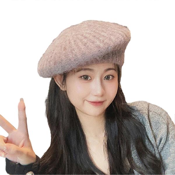 Beret Hat Efterår Vinter Kanin Plys Knittet Åndbar Stilfuld All-match Ensfarvet Elastisk Malerhat Coffee One Size