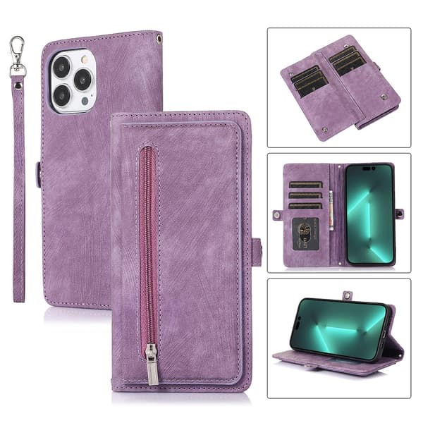 Multi Kort Mobiltelefon Læder Etui Til iPhone 15 Pro Max Purple