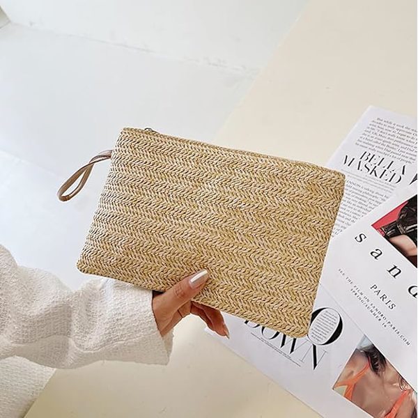 Kvindernes Halm Clutch Taske Bohemian Sommer Strandtasker Vævning Håndtaske Kvinder Håndtaske Pung Lynlås Wristlet Taske Halm Clutch Pung Halm Håndtaske