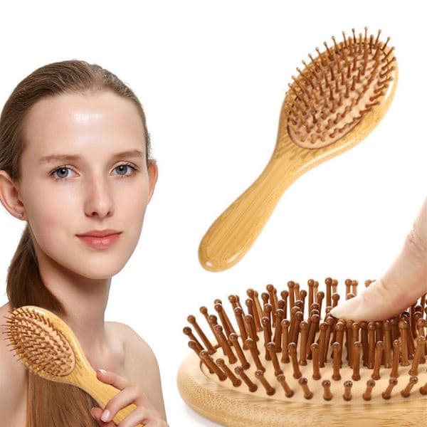 Hårborste med gummikudde, naturlig bambu, minskar trycket på hårbotten, ergonomisk R9R9 A3V4