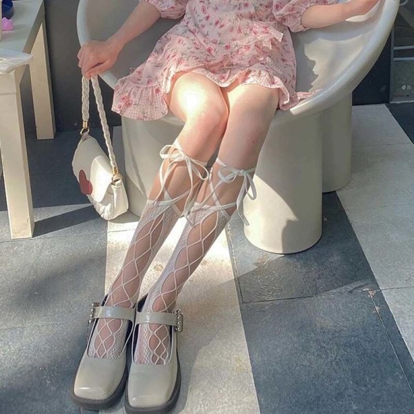 Par krydsrem kalvsokker til kvinder Medium tube sommer tynde Lolita Jk Sweet Bow japanske Lolita sokker