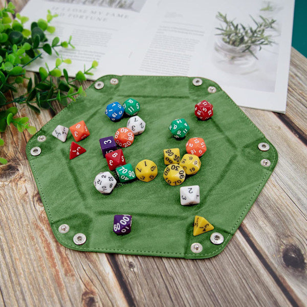 2 stk. terningbakker sekskant terning foldbar bakke PU læder fløjl holder bakke til RPG DND og andre brætspil (grøn, kamel)