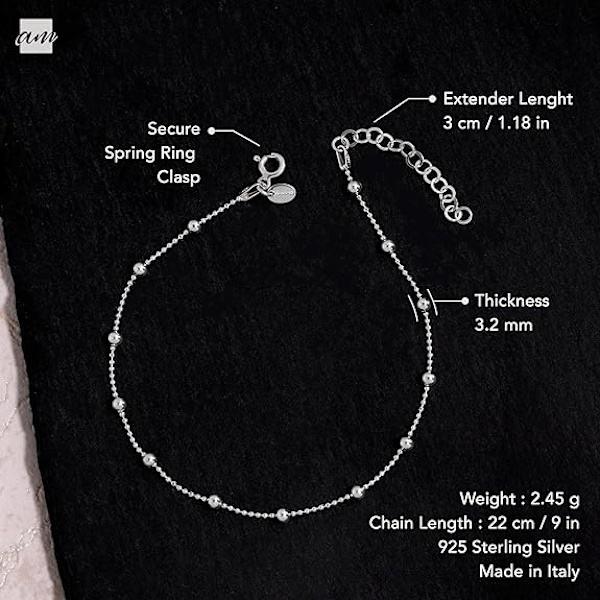 925 Sterling Silver Justerbar Ankelkedja - Klassiska Kedjor - 22 till 25 cm - Flexibel Passform