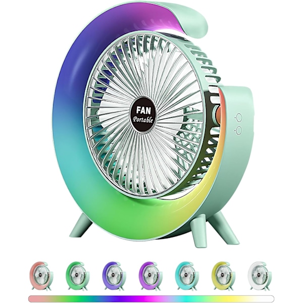 USB Desk Table Fan with LED Light, 3 Speeds Quiet Flow 180° Rotation Colorful Desktop Fan, 1800mAh Battery USB Rechargeable